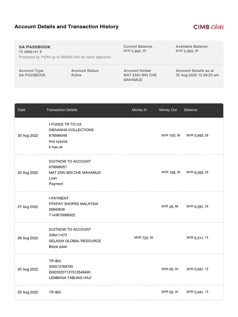Account Details and Transaction History Sa Passbook PDF Economies
