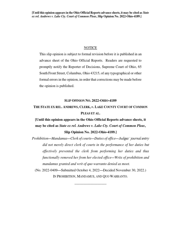 Andrews v. Lake Cty. Court of Common Pleas Opinion PDF Writ Mandamus