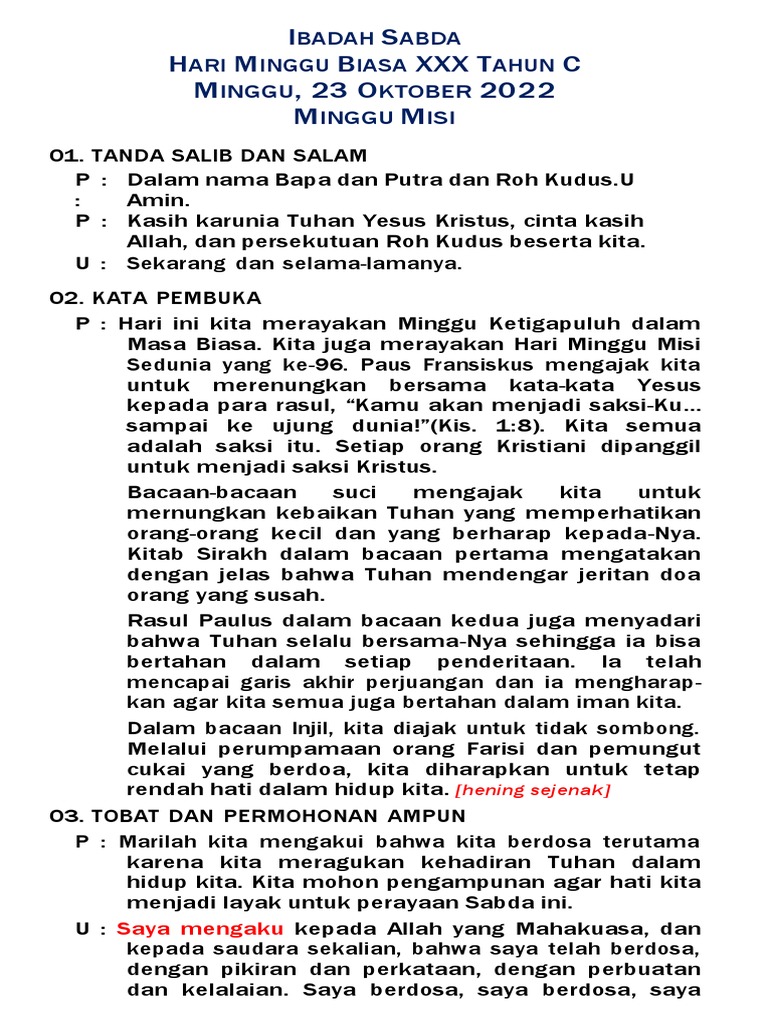 Misa Minggu 26 Oktober 2025, Pekan Biasa XXX, Tahun C