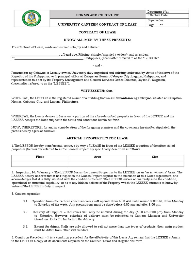University Canteen Contract of Lease PDF Lease Renting