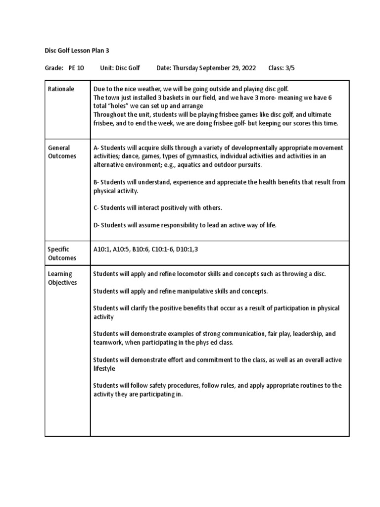 Disc Golf Lesson Plan for PE 10 | PDF