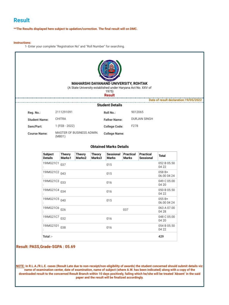 Mba 1st year result pdf