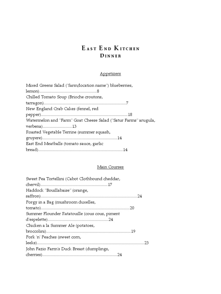 East End Kitchen Menu Overview | PDF | Cooking, Food & Wine | Wellness