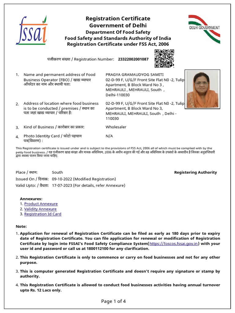 FSSAI Registration Certificate Details | PDF | Foods | Legume