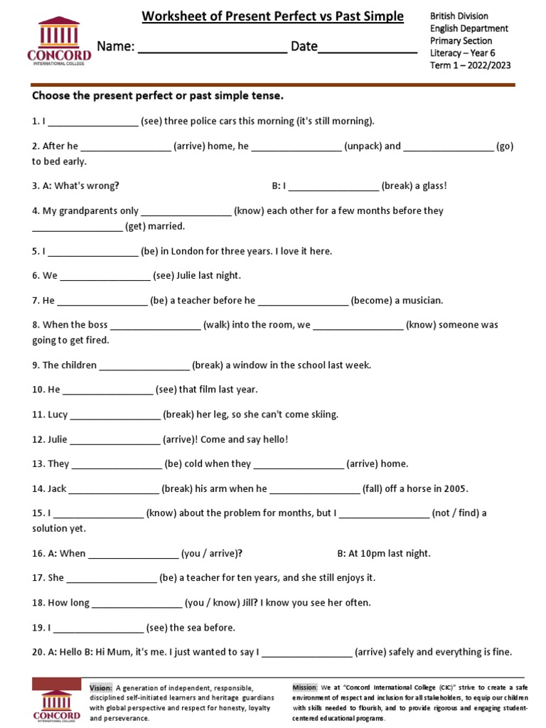 Worksheet Y6 - Present Perfect Vs Past Simple | PDF