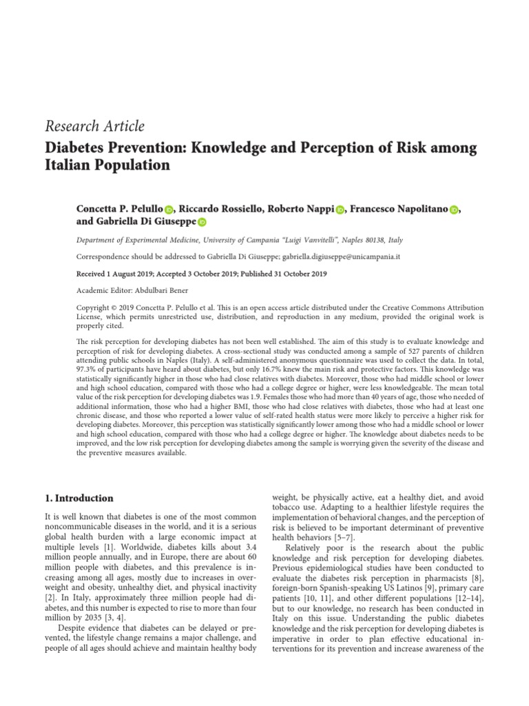Diabetes Prevention Knowledge and Perception of Risk Among | PDF ...