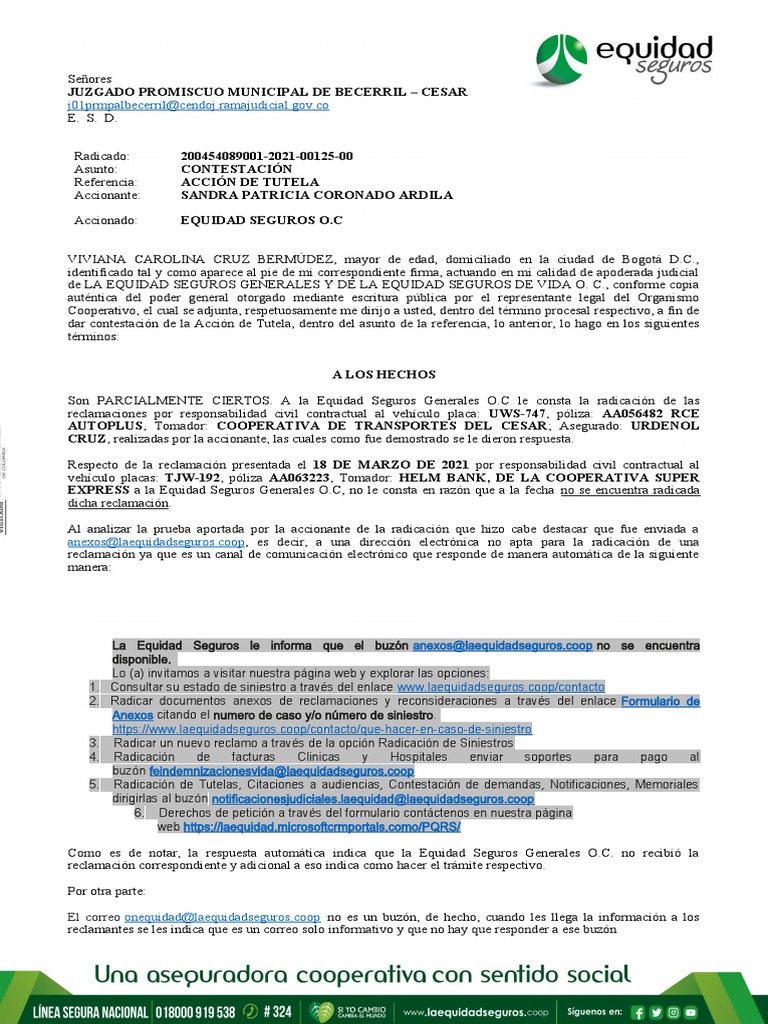 Contestación Acción de Tutela Equidad Seguros | PDF | Póliza de seguros ...