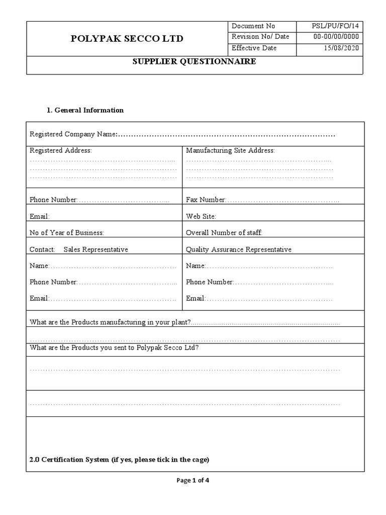 Supplier Questionnaire | PDF | Business