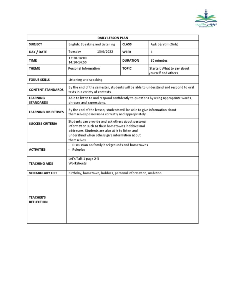 Daily Lesson Plan Week 1 Sem 1 Sept 2022 Pdf