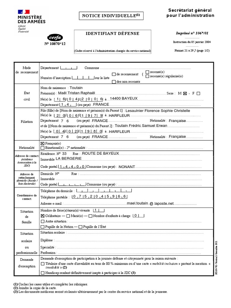 Demande d'exemption JDC Cerfa 10870 | PDF