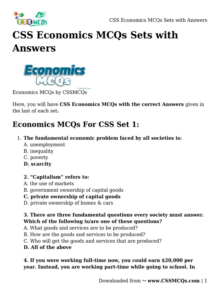 CSS Economics MCQs with Answers | PDF | Elasticity (Economics) | Business