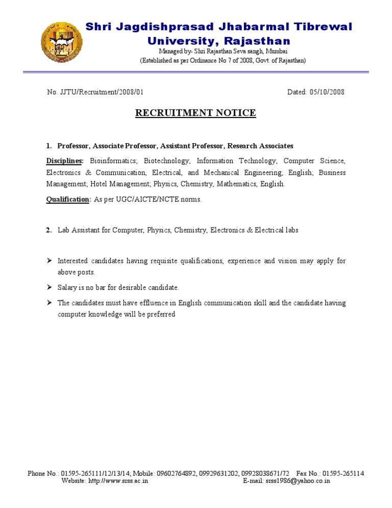 JJT University Recruitment Notice | PDF | Computer Science | Science