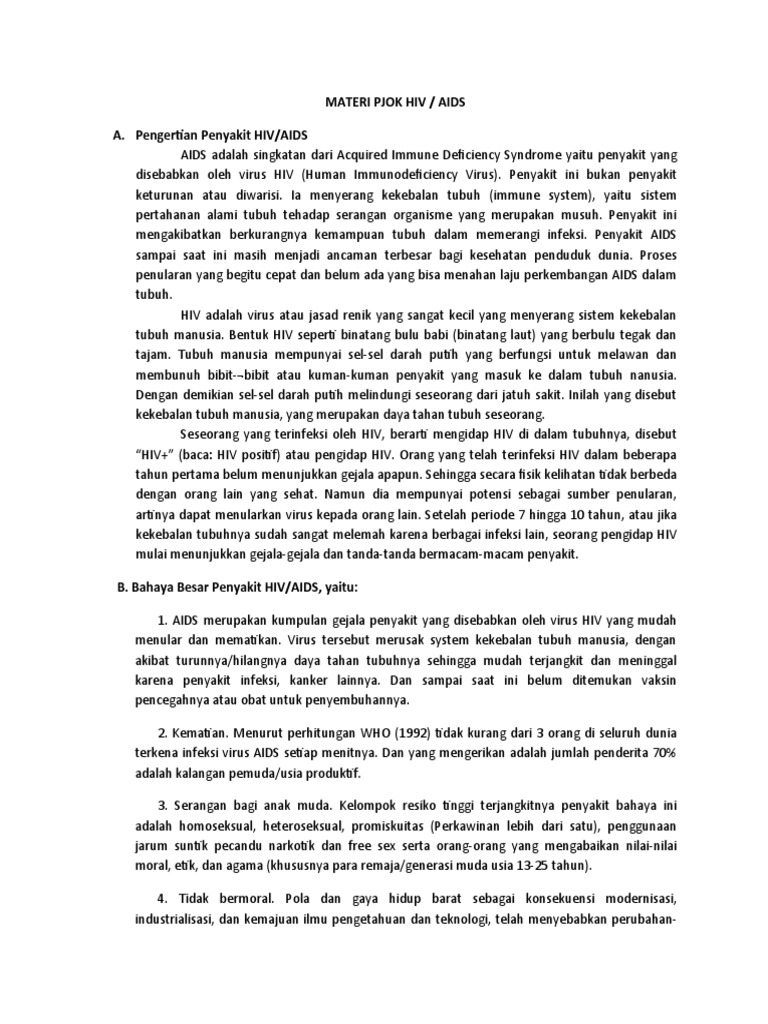 Materi Pjok Hiv / Aids A. Pengertian Penyakit HIV/AIDS | PDF