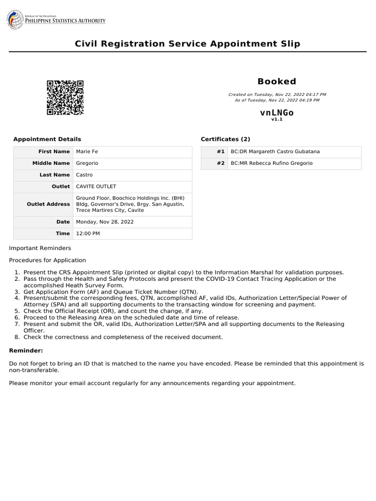 PSA Appointment Slip for Trece Martires | PDF