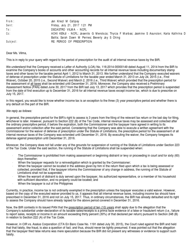 17 Period of Prescription For The Audit of All Internal Revenue Taxes