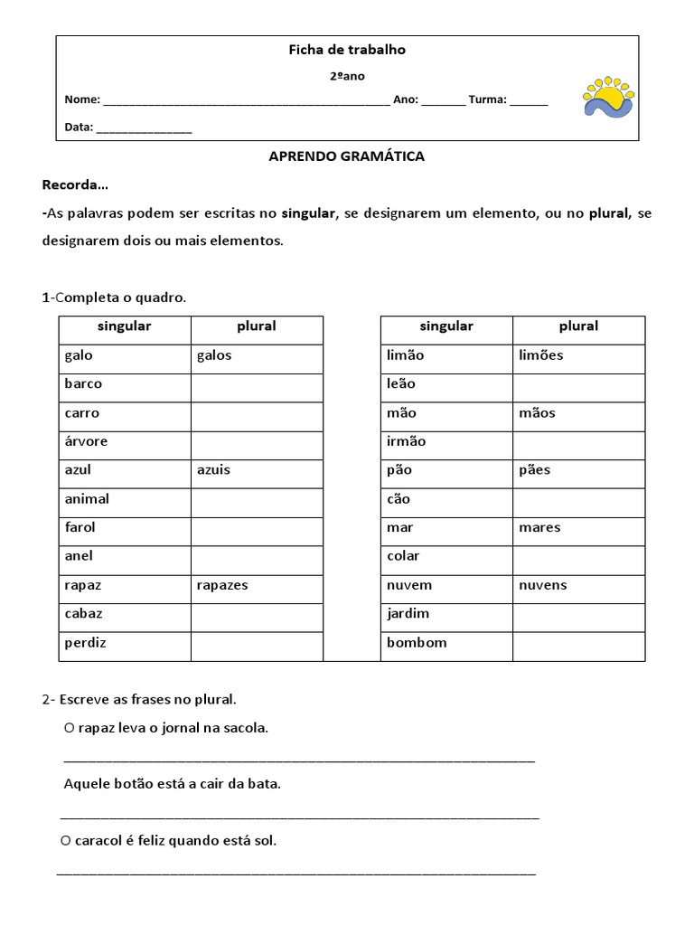 Exercícios de Singular e Plural - 2º Ano | PDF