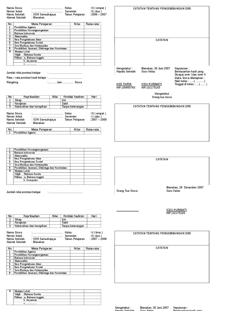 Contoh Rapor SD Tahun 2006-2008 | PDF