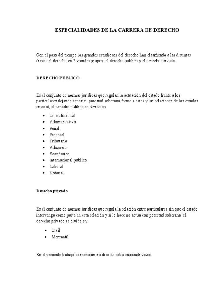Especialidades de La Carrera de Derecho | PDF | Ley procesal | Ley Pública