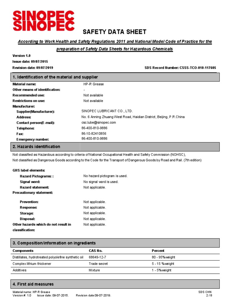 Safety Data Sheet for HPR Grease Hazard Identification, Composition