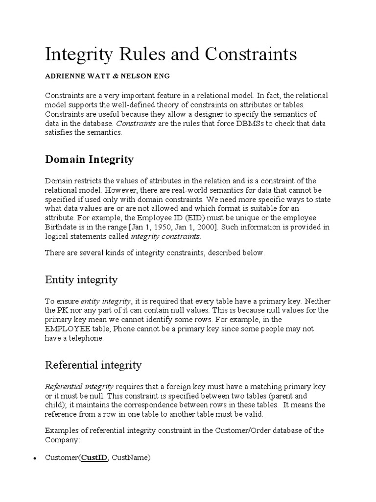 Integrity Rules and Constraints | PDF | Relational Database | Software ...
