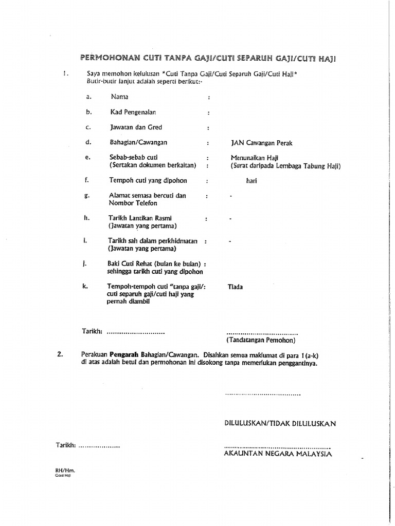 Borang Permohonan Cuti Tanpa Gaji Cuti Separuh Gaji Cuti Haji | PDF
