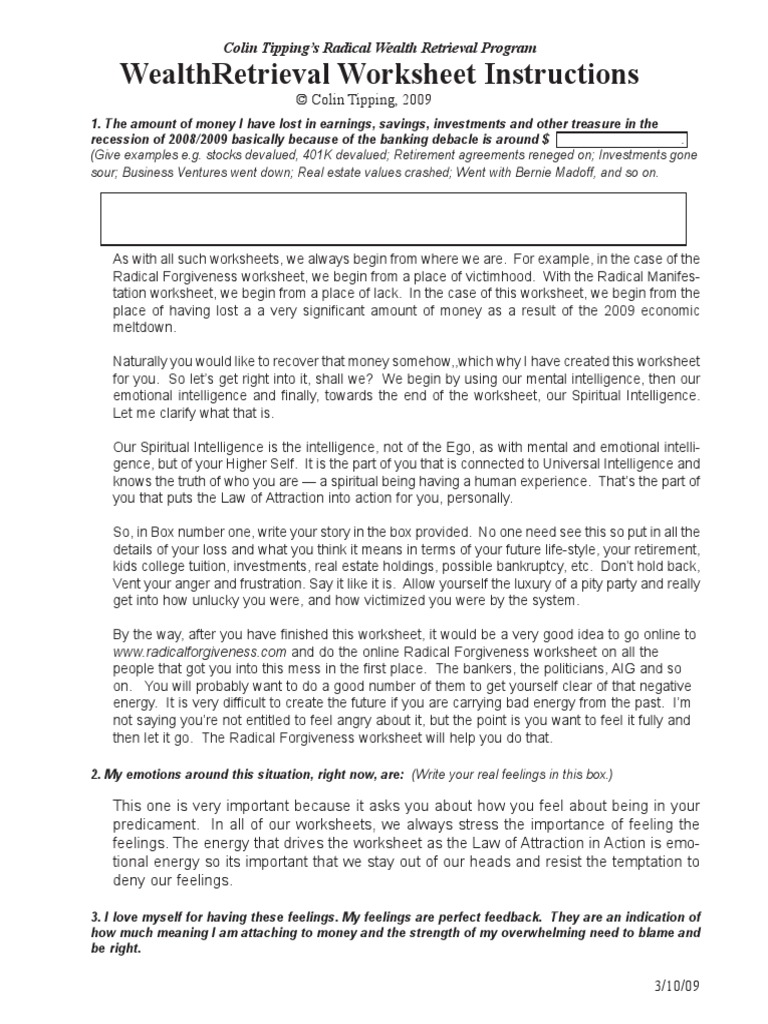 Wealth Retreival Worksheet Instructions | PDF | Forgiveness | Money