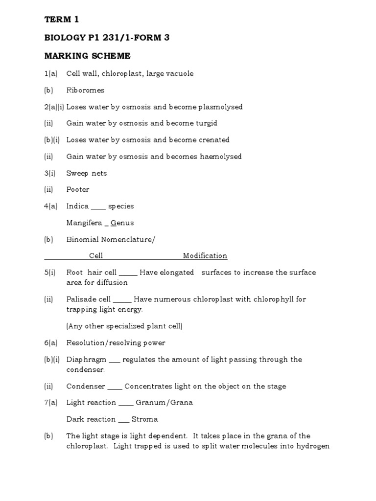 Biology Form 3 Paper 1 Marking Scheme | PDF | Cellular Respiration ...
