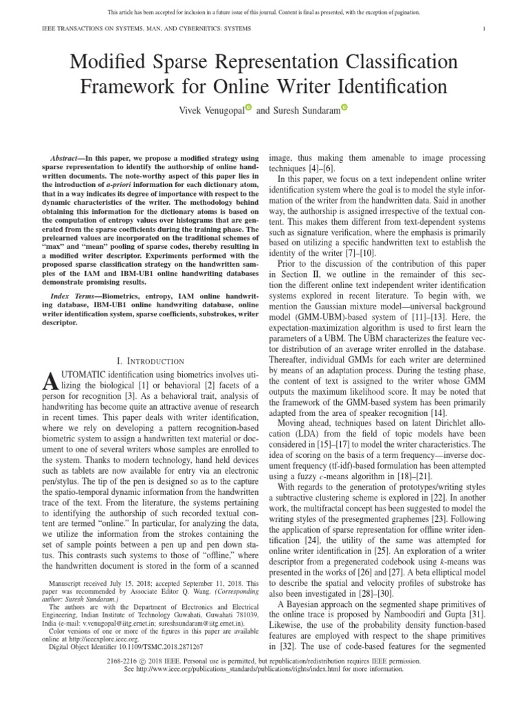 Modified sparse representation classification framework for online