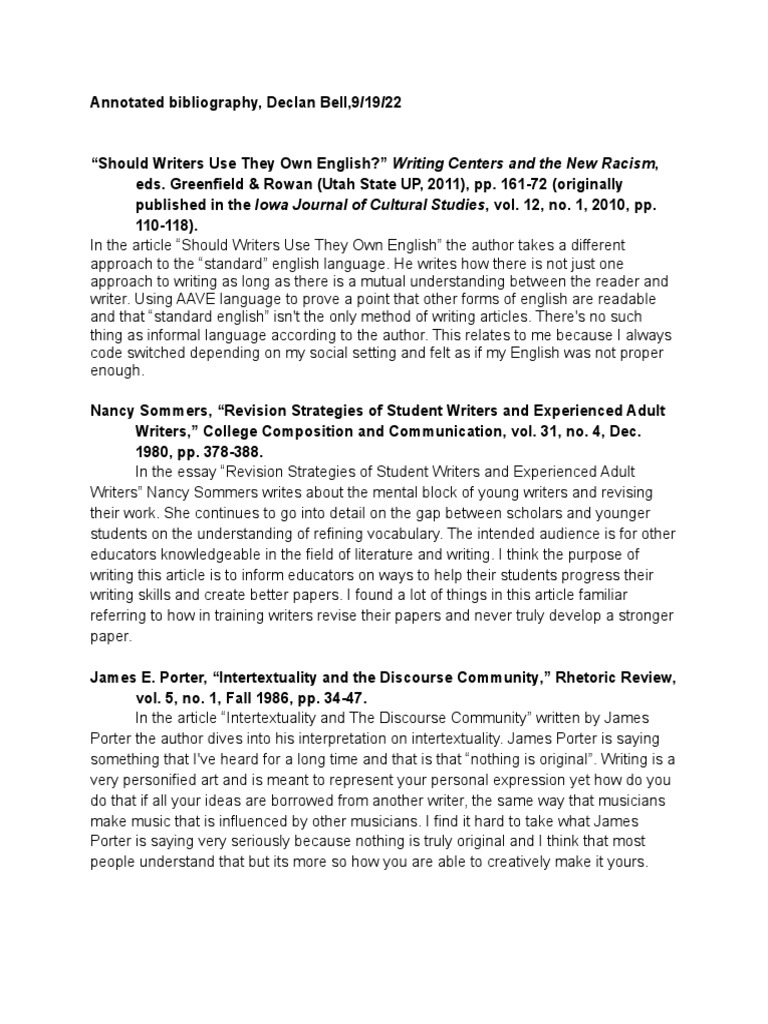 Annotated Bibliography Declan Bell9 19 22-3 | PDF | Autism | English