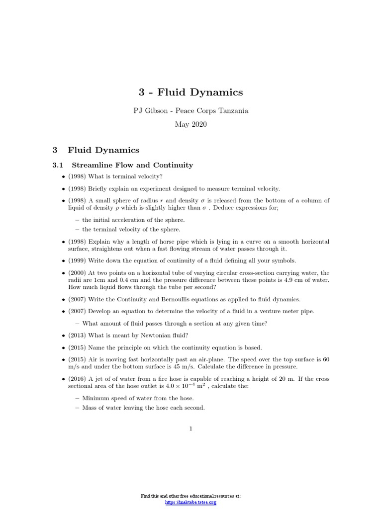 ACSEE Physics F5 T3 FluidDynamics | PDF | Fluid Dynamics | Viscosity