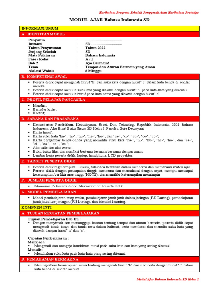 Modul Ajar Bahasa Indonesia SD Kelas 1 | PDF | Seni & Disiplin Bahasa