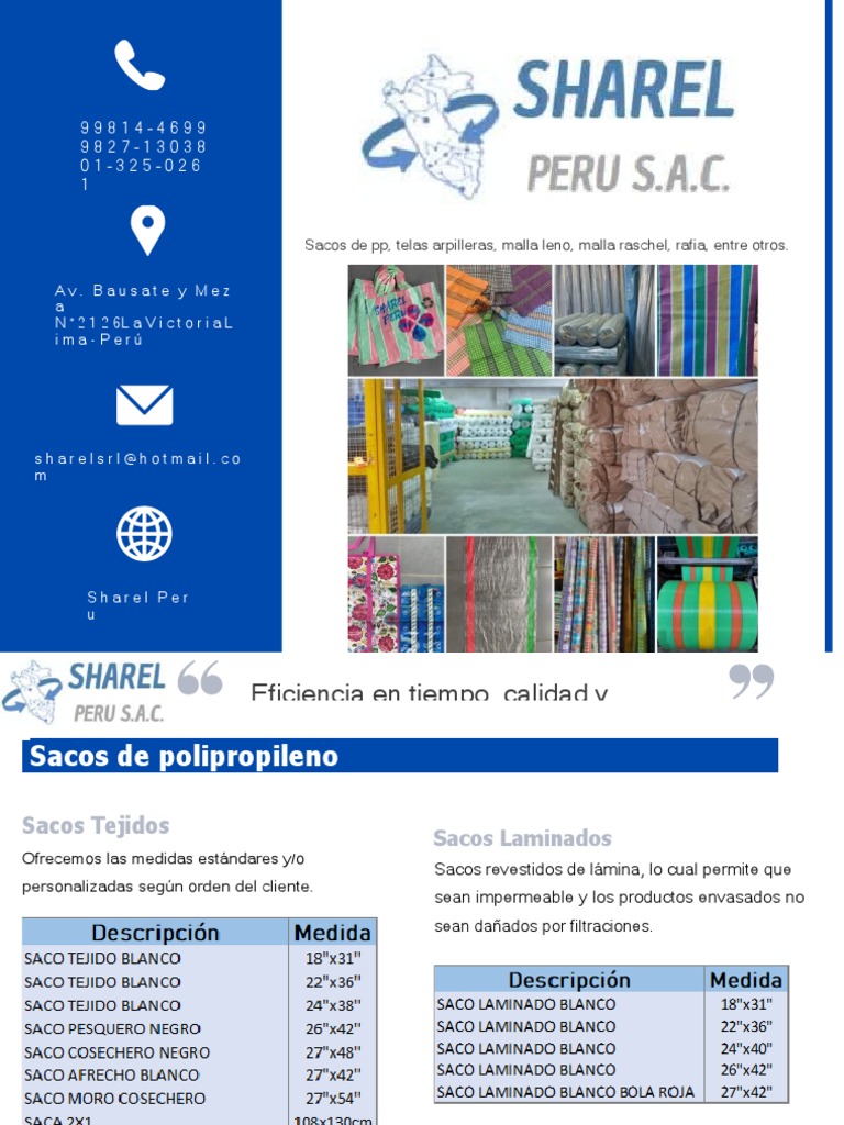 Productos de Sharel Perú: Sacos y Telas | PDF