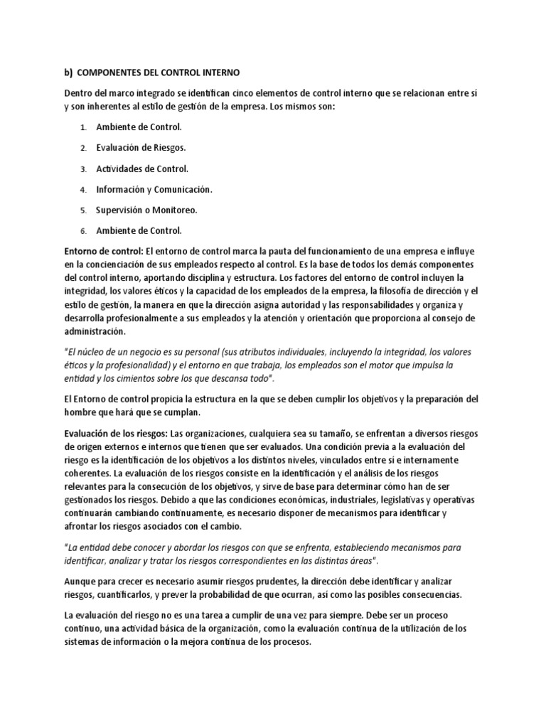 Componentes del Control Interno | PDF | Cuestionario | Riesgo