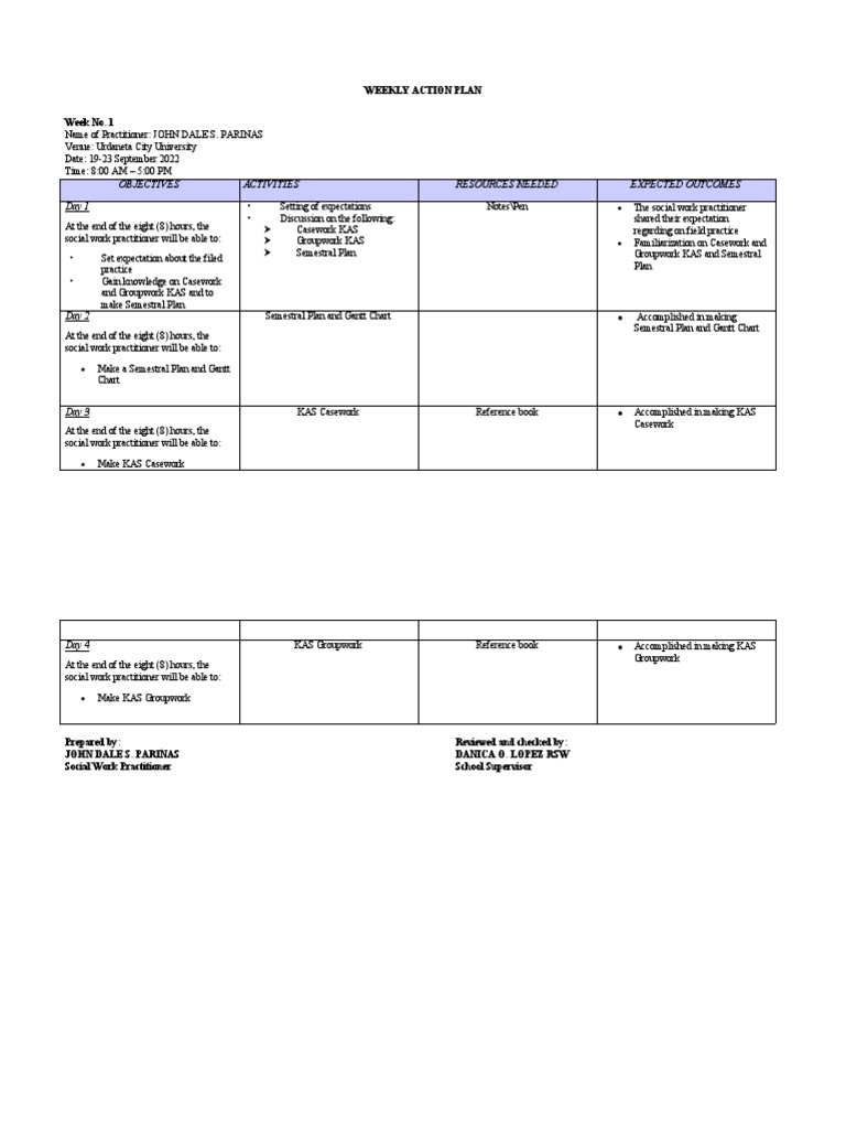 WEEKLY ACTION PLAN Week 1-2 | PDF