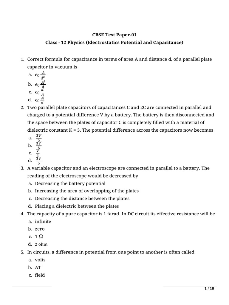 Chapter 2 Test Class 12 | PDF | Capacitor | Capacitance