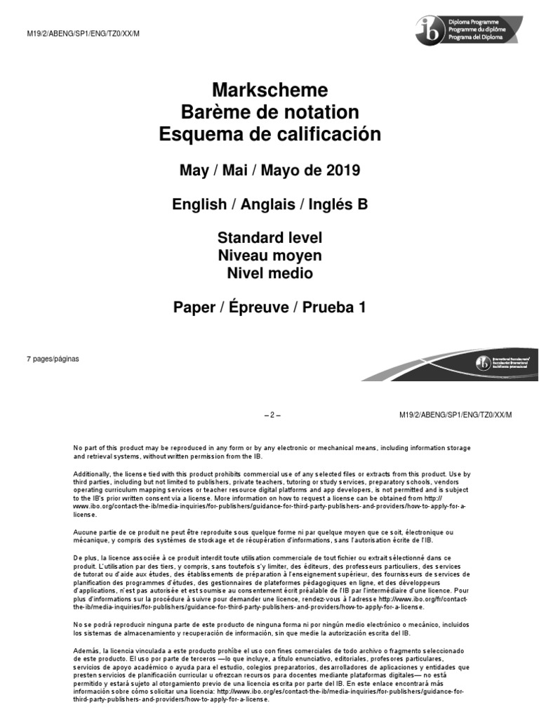 English B Paper 1 SL Markscheme | PDF