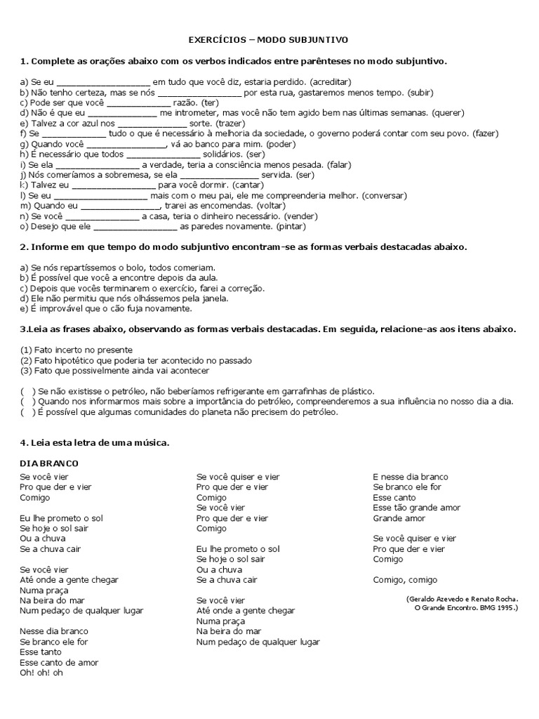 Exercícios de Modo Subjuntivo 7º Ano | PDF