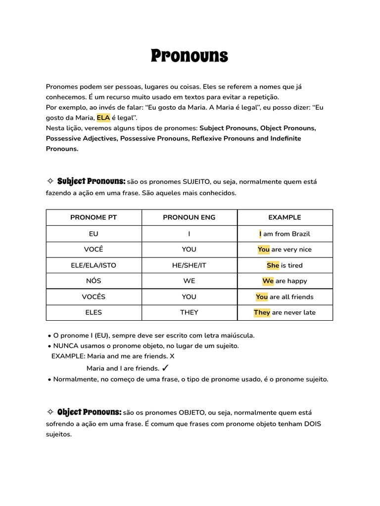 Tipos de Pronomes em Inglês | PDF | Pronome | Assunto (gramática)
