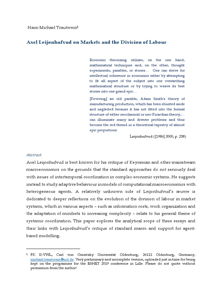 Axel Leijonhufvud On Markets and The Division of Labo PDF