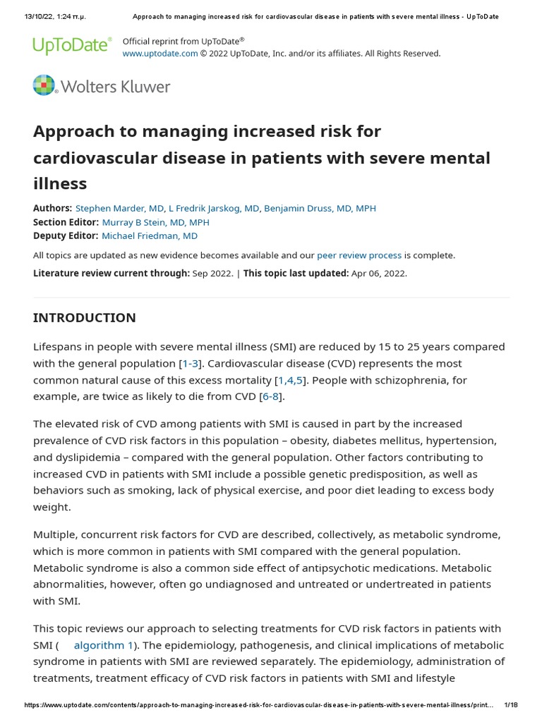 Approach To Managing Increased Risk For Cardiovascular Disease in Patients With Severe Mental