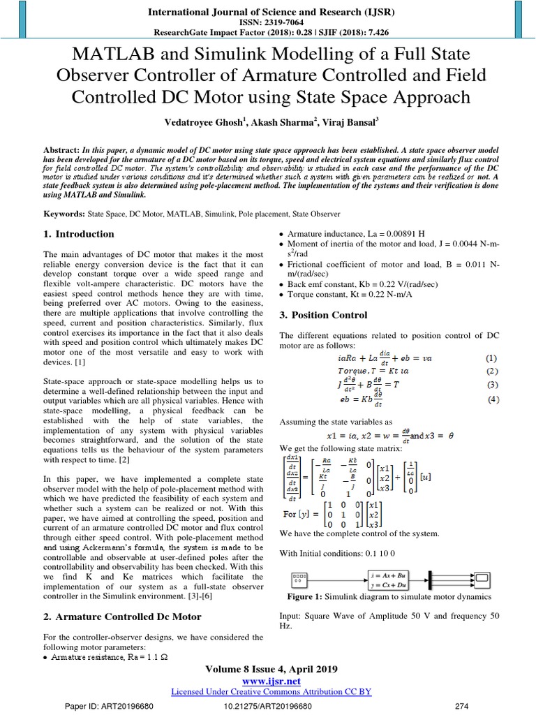 MATLAB and Simulink Modelling of A Full State Observer Controller of ... image.