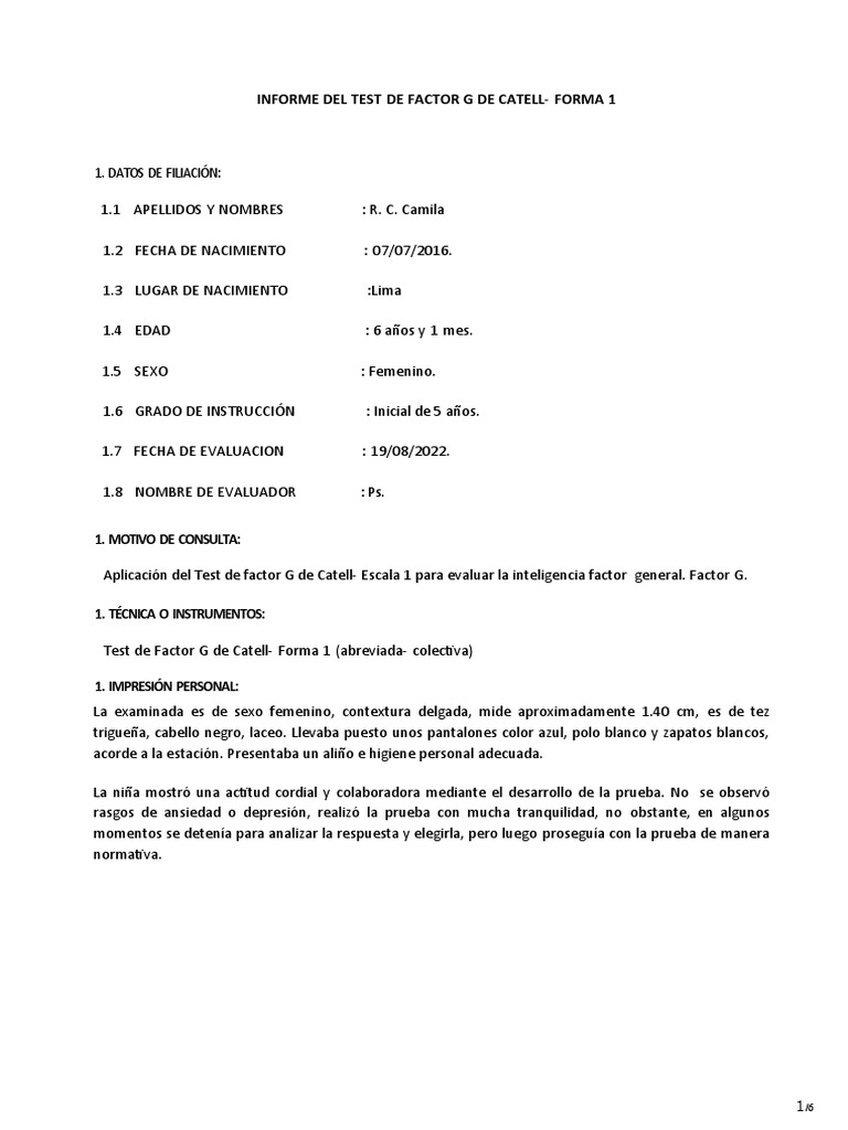 Informe Del Test Factor G de Catell Escala 1 | PDF | Cociente de ...