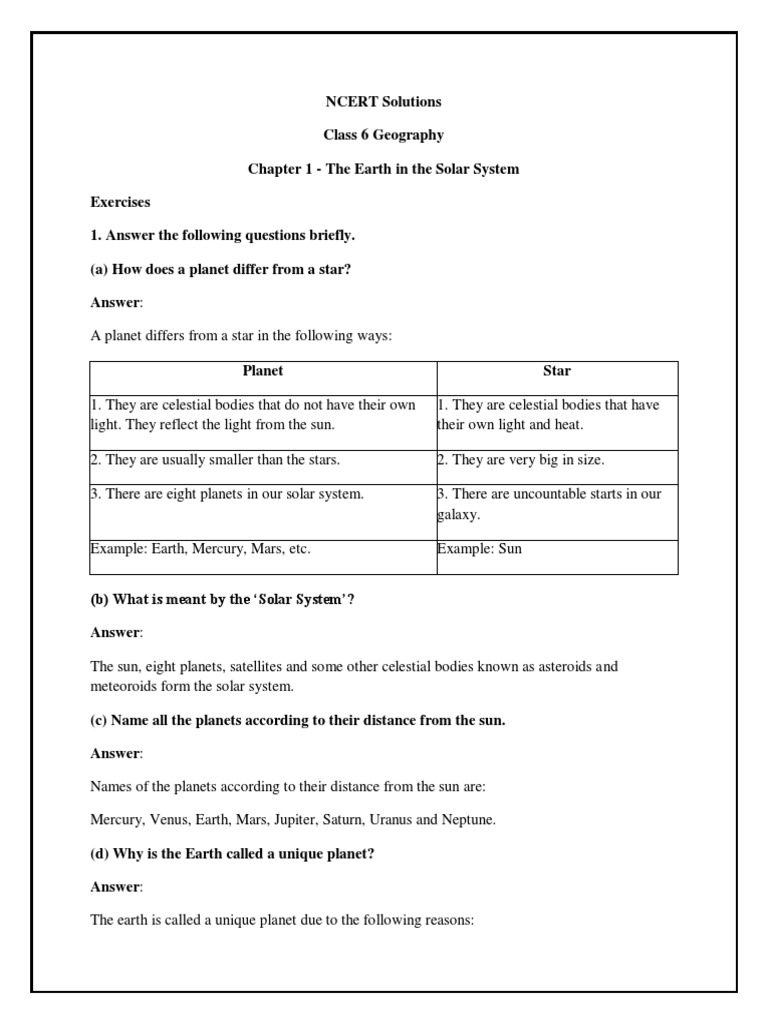 Ncert Solutions For Class 6 Social Science Geography Chapter 1 PDF Solar System
