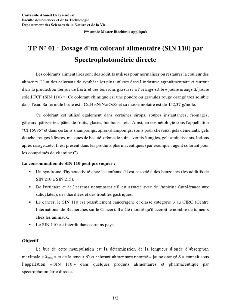 Dosage du colorant SIN 110 par spectrophotométrie PDF Chimie — free download