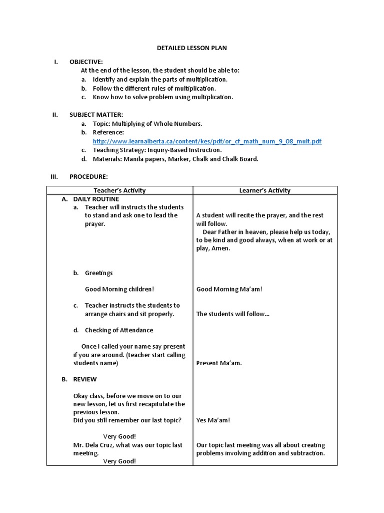 Multiplication Lesson Plan for Grade 2 | PDF | Multiplication ...