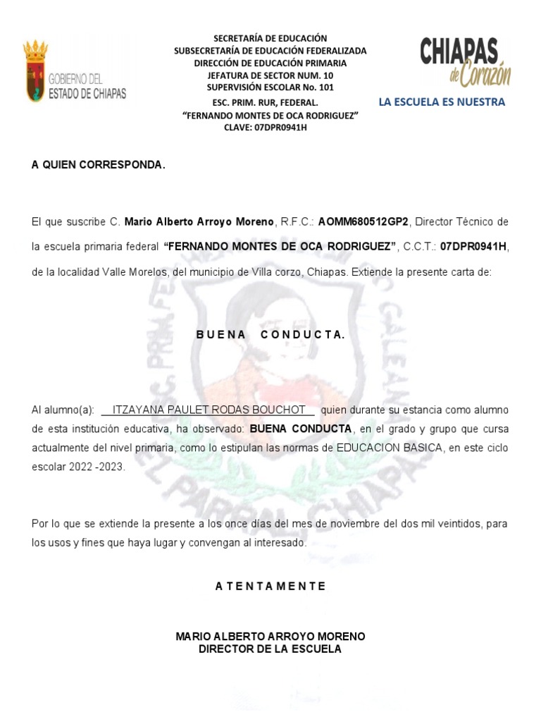 Carta de Buena Conducta 2022 PDF Educación primaria Etapas educativas