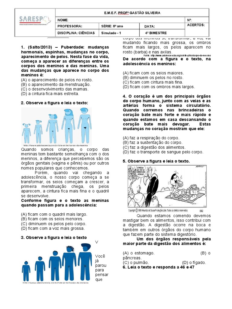 Simulado Ciencias - 1 - Corpo Humano | PDF | Corpo humano | Sistema ...