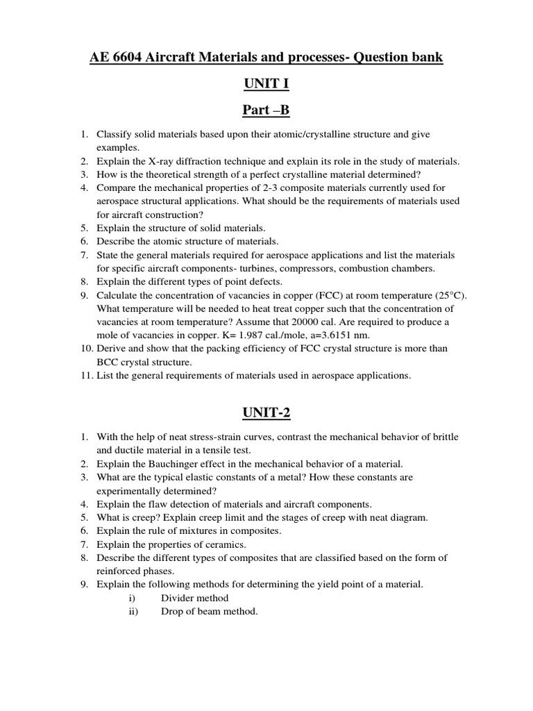 AE 6604 Aircraft Materials and ProcessesQuestion Bank Unit I Part B