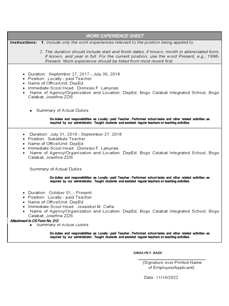 Cs Form No. 212 Work Experience Sheet