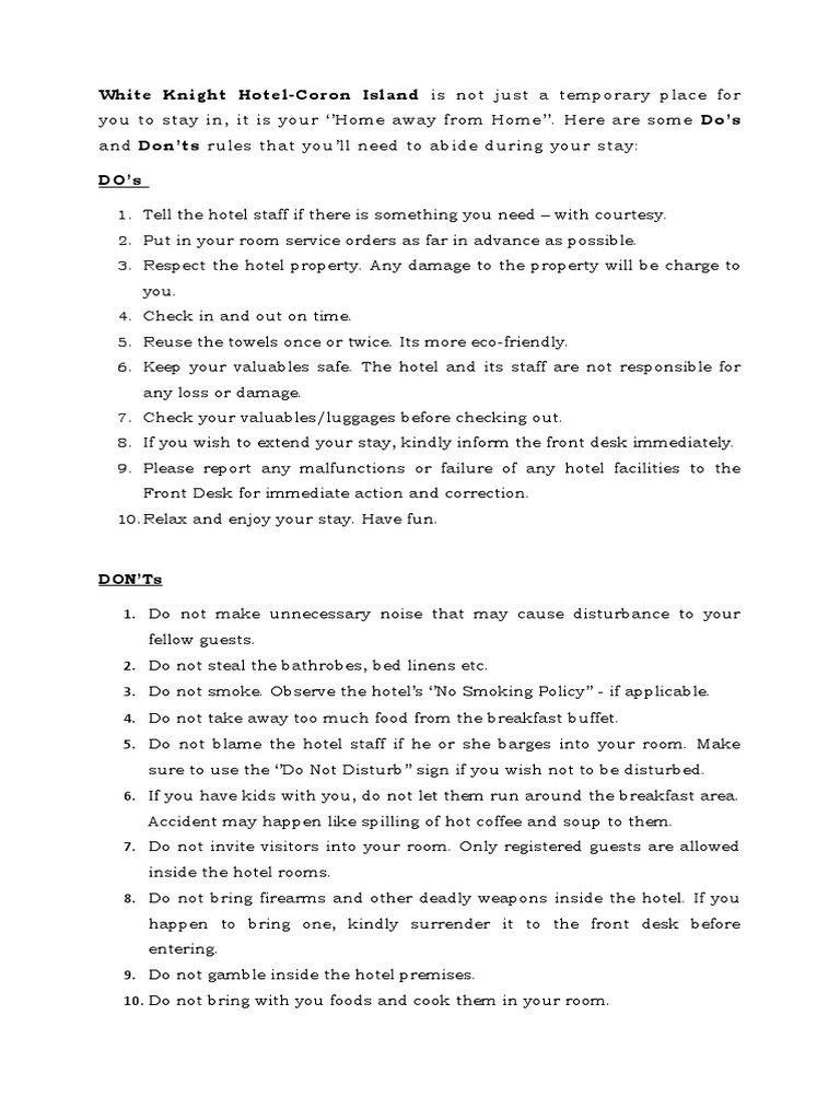 Hotel Guest Policies and Guidelines | PDF | Cooking, Food & Wine | Law